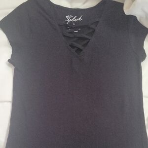 Splash Black Short Sleeve Crisscross V-Neck Tee